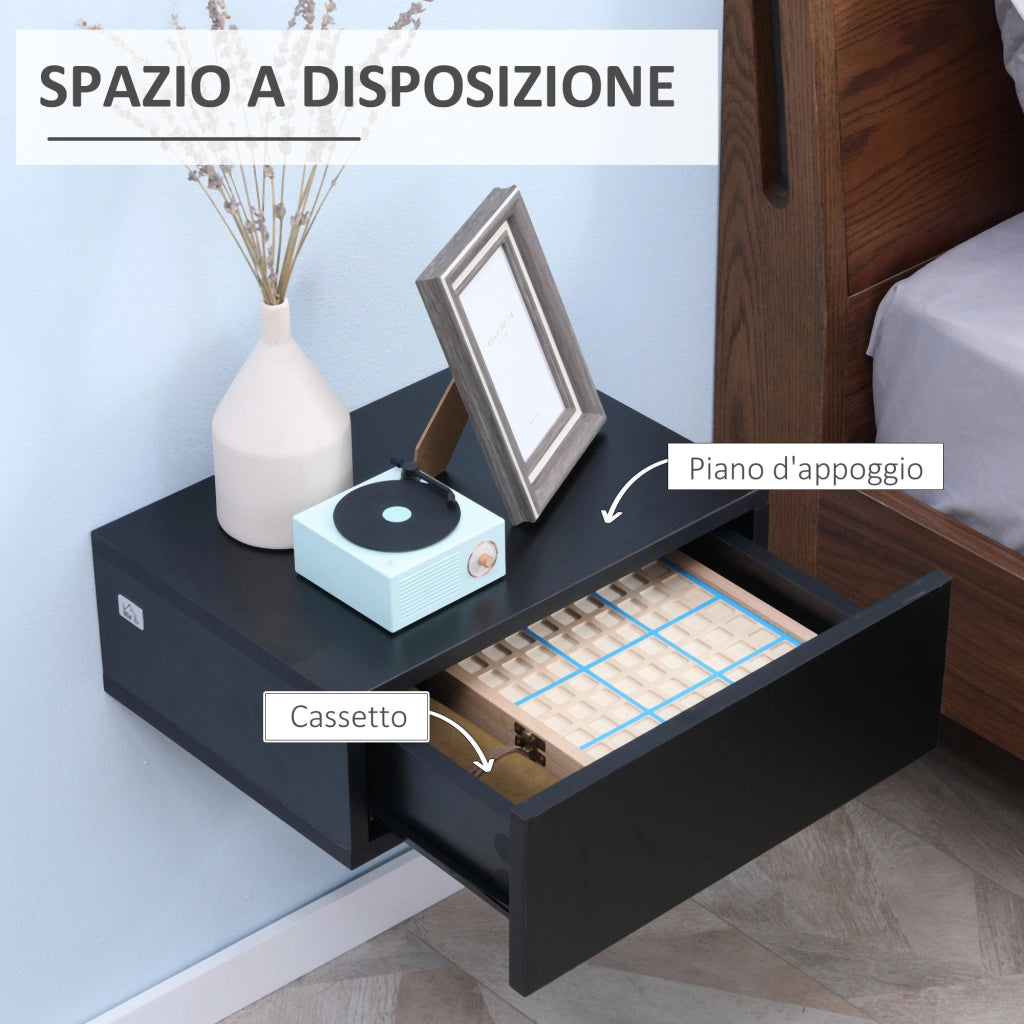 Set 2 Comodini Sospesi Moderni in Legno per Camera da Letto, 40x30x15cm, Nero