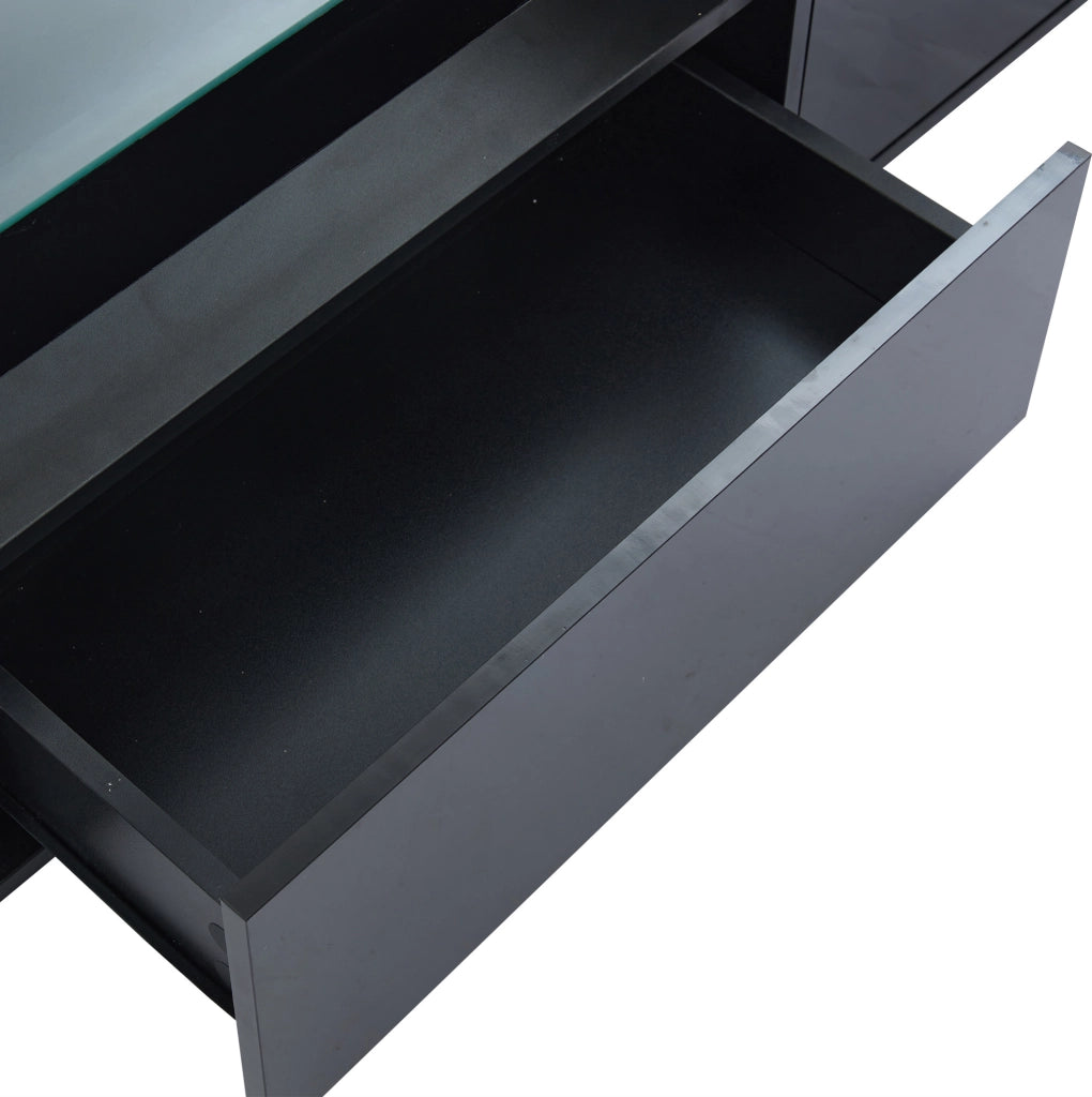 Mobile TV nero lucido con LED, 2 cassetti e piano in vetro temperato