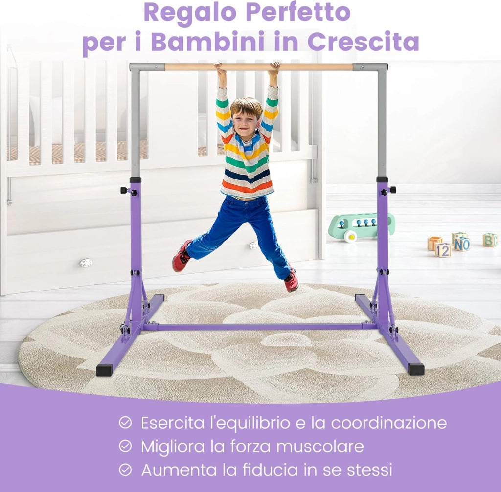 Barra per Ginnastica e Danza per Bambini e Bambine Pieghevole e Portatile, Sbarra Parallela in Metallo e Legno con 13 Altezze Regolabili, Ruote e Cuscinetti Antiscivolo, Portata 100 kg