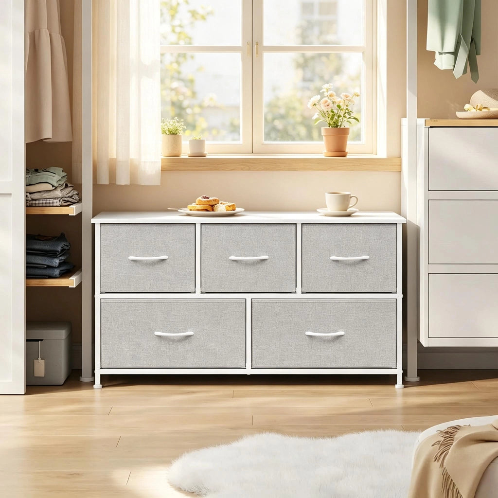 Cassettiera con 5 cassetti in tessuto e piano d'appoggio, per ingresso e soggiorno, 100 × 30 × 54 cm, grigio chiaro