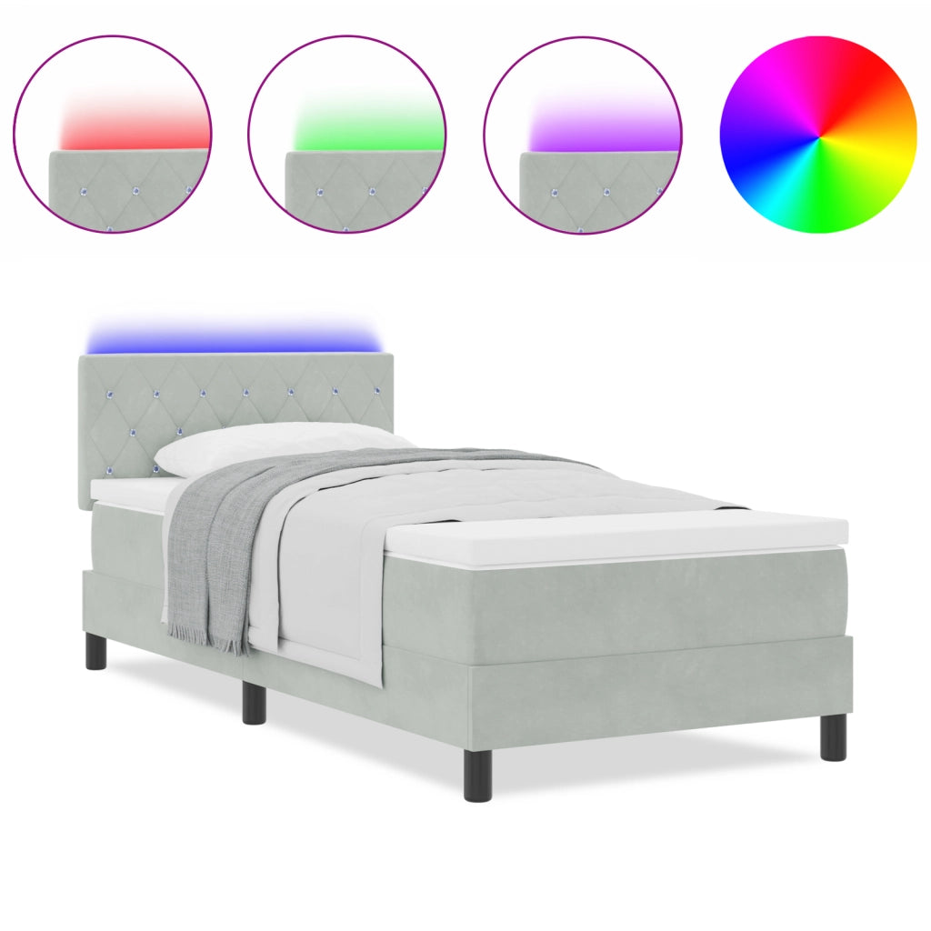 Letto a box spring  con materasso e luce LED grigio chiaro 100x200 cm in velluto