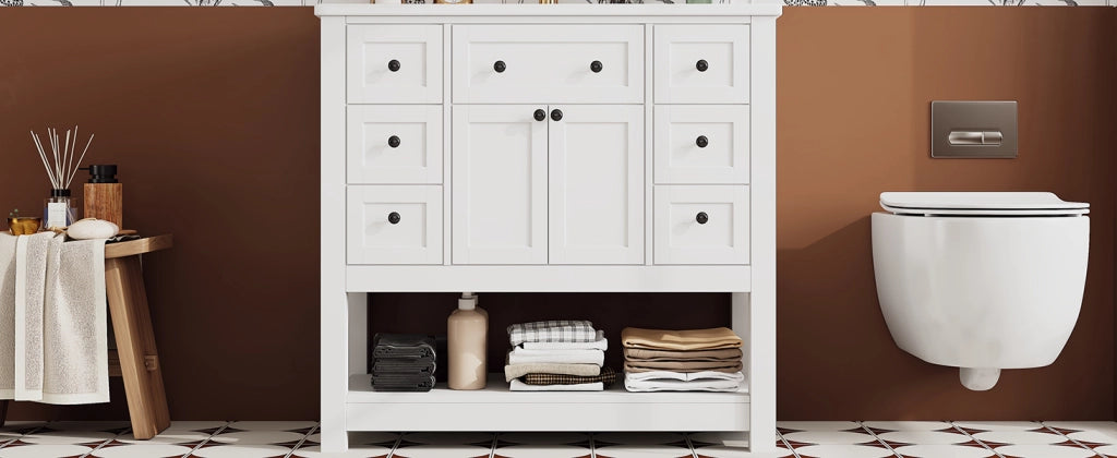 Mobile sottolavabo con lavabo in ceramica, 6 cassetti, 1 cassetto ribaltabile, ante e vani aperti, per bagno, bianco