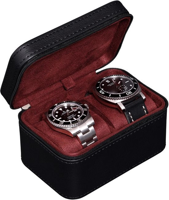 Borsa per orologi per uomini per 2 orologi, copertura compatta in pelle PU con interno in micro-suede, adatta per orologi e smartwatch fino a 55 mm (nero/rosso)