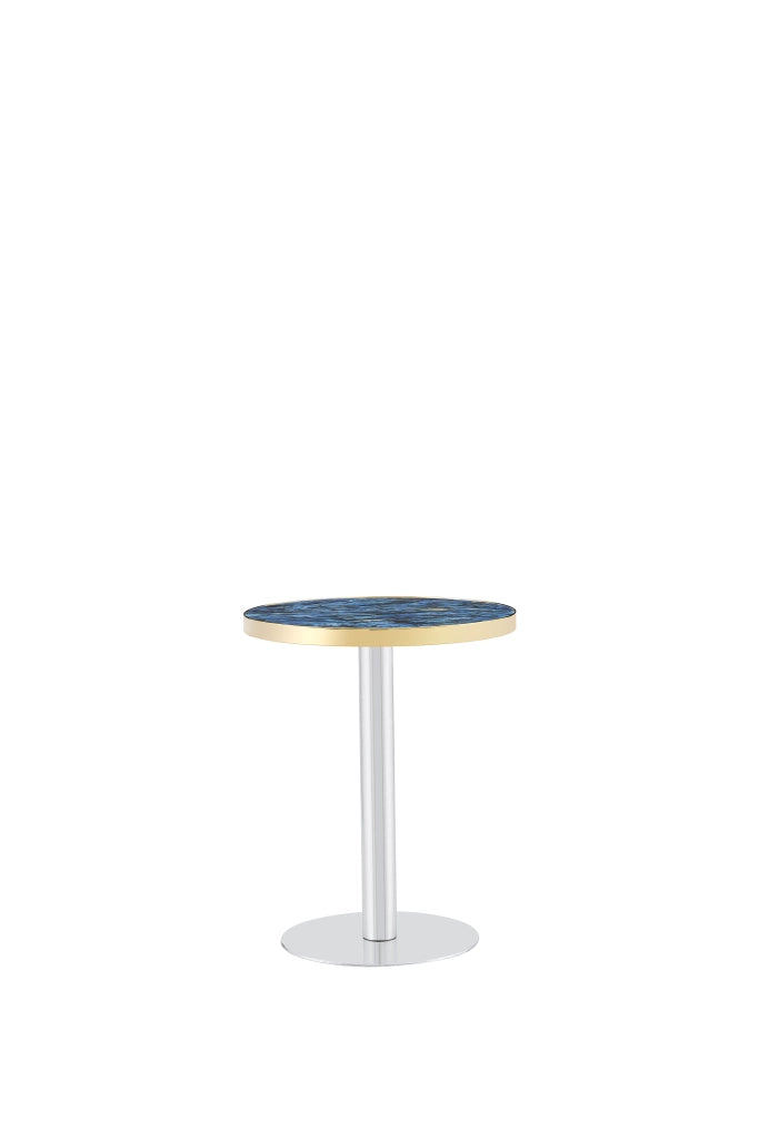 Tavolino basso rotondo con piano effetto marmo e bordo dorato, in MDF e metallo, per soggiorno, blu, 60 × 73,7 cm