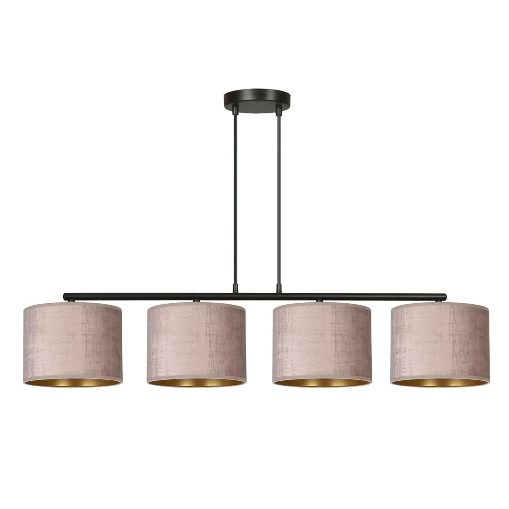Lampadario 4 Luci Ganesha In Acciaio Nero E Paralumi In Tessuto Rosa