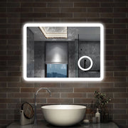specchio rettangolare 80x60 cm con luce dimmerabile a 3 colori, bluetooth, antiappannamento e ingranditore 3x
