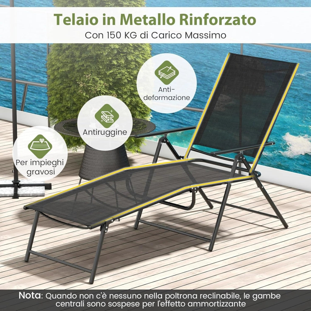 Set di 2 Lettini Prendisole da Giardino, Sdraio Pieghevoli con Schienale e Poggiapiedi Regolabili, in Tessuto Textilene con Braccioli, per Terrazza e Piscina, Portata 150 kg (Nero)