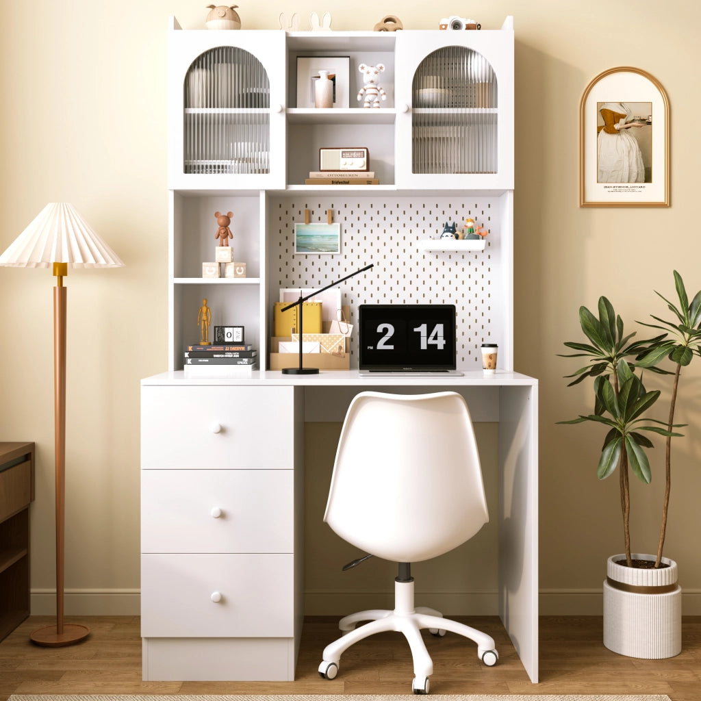 Scrivania multifunzione con libreria, vetrina e 3 cassetti bianca per studio sempre ordinato