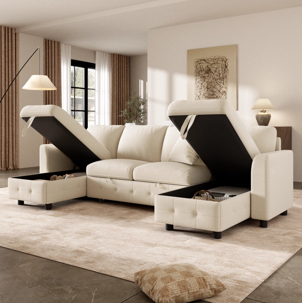 Divano letto angolare a U in chenille beige con contenitore, USB e Type-C