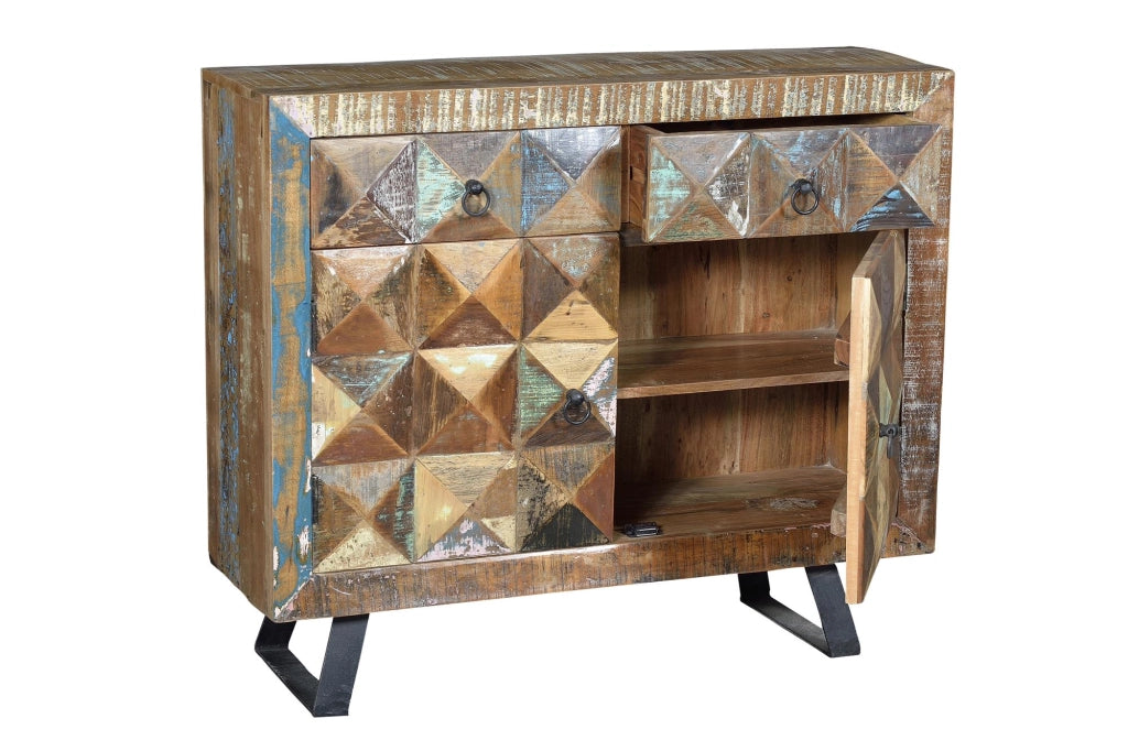 Credenza 4 ante scorrevoli e scaffali interni in rattan e  mango