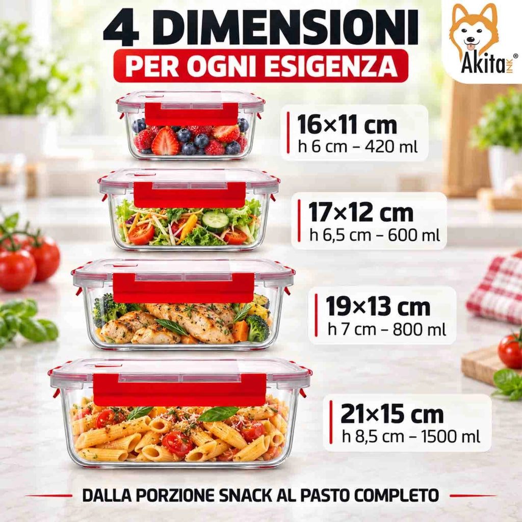 Akitaink Set 4 Contenitori Rettangolari Click Clack in Vetro