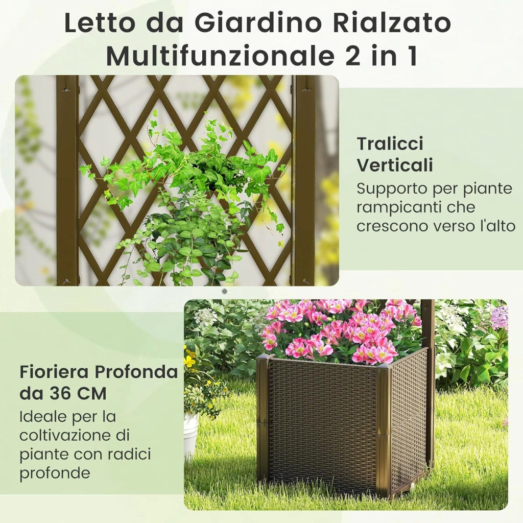 Letto da Giardino Elevato con Trellis a Lattice, Fioriera Autoinnaffiata per Piante Rampicanti, Fiori e Verdure, Fioriera Verticale da Interni e Esterni (Marrone,40 x 40 x 140 cm)