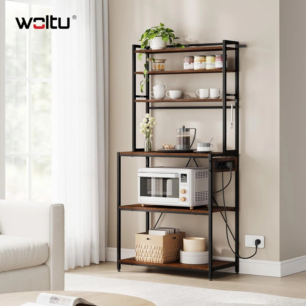 Scaffale da Cucina a 6 Livelli con Prese di Corrente, Scaffale per Microonde con Struttura in Metallo e Piano di Lavoro Aperto, Nero+Marrone Rustico, 80x39,5x167cm