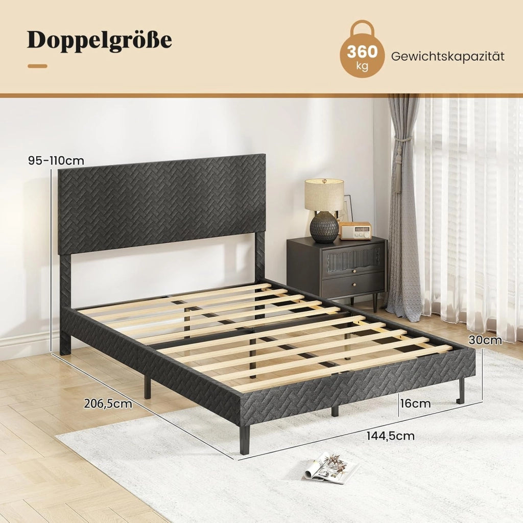 Telaio letto imbottito con testiera regolabile in altezza, robusto telaio in metallo, portata fino a 360 kg, struttura con supporto per doghe in legno per camera da letto (140 x 200 cm)