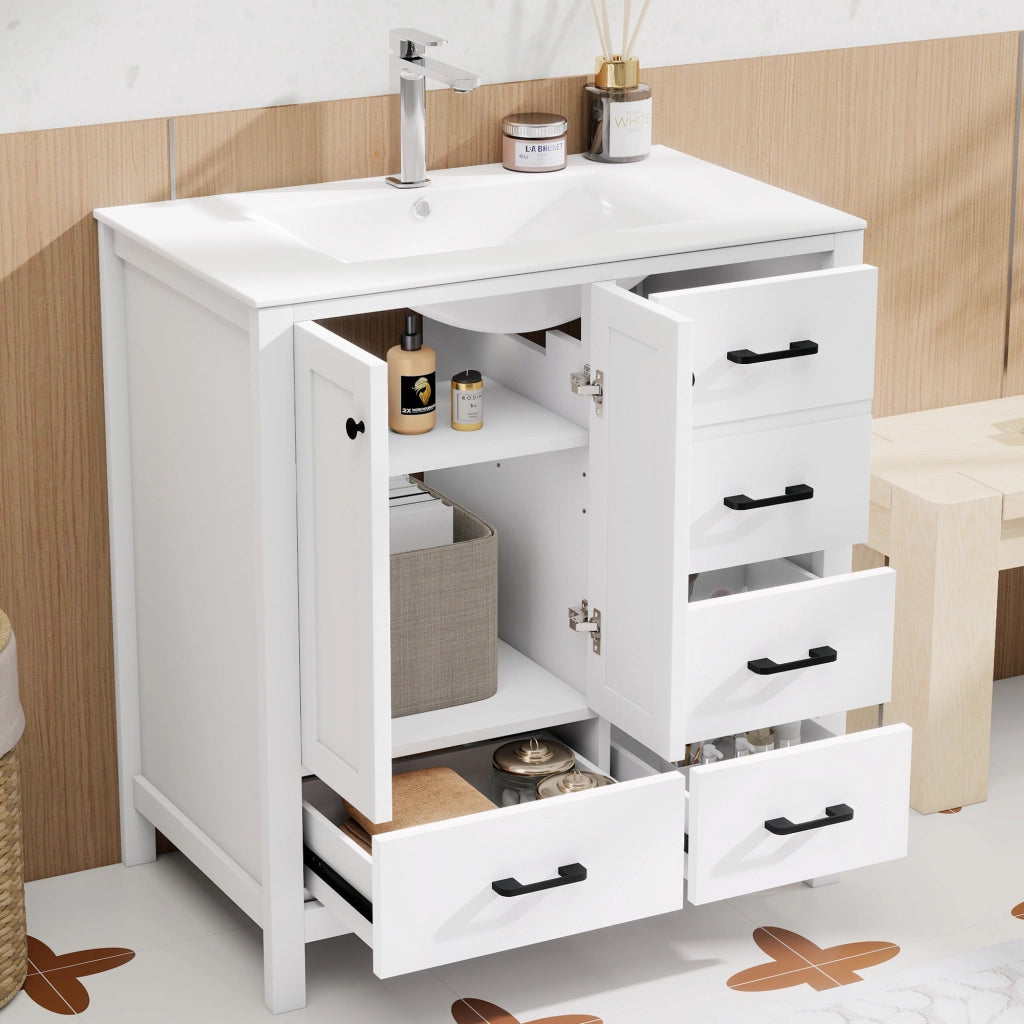 Mobile sottolavabo con lavabo in ceramica, 1 anta, 4 cassetti e 3 ripiani, per bagno, bianco, 76 × 46 × 82 cm