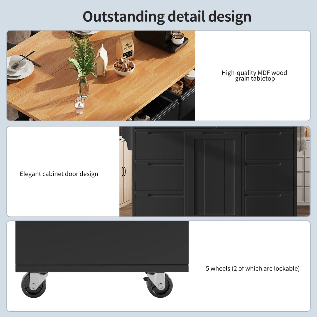 Isola cucina moderna - Zephmum - Carrello estraibile con ripiano, ruote, 8 cassetti e scaffale spezie, Nero