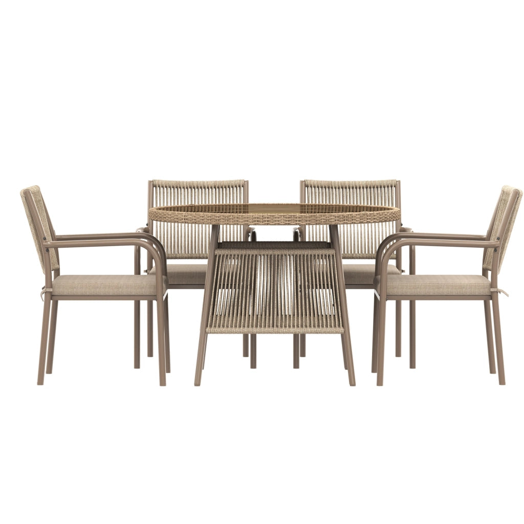 Set Tavolo Rotondo in Vetro e 4 Sedie con Braccioli in Polyrattan ¨C MINIMAL ¨C Ferro, Giardino/Balcone