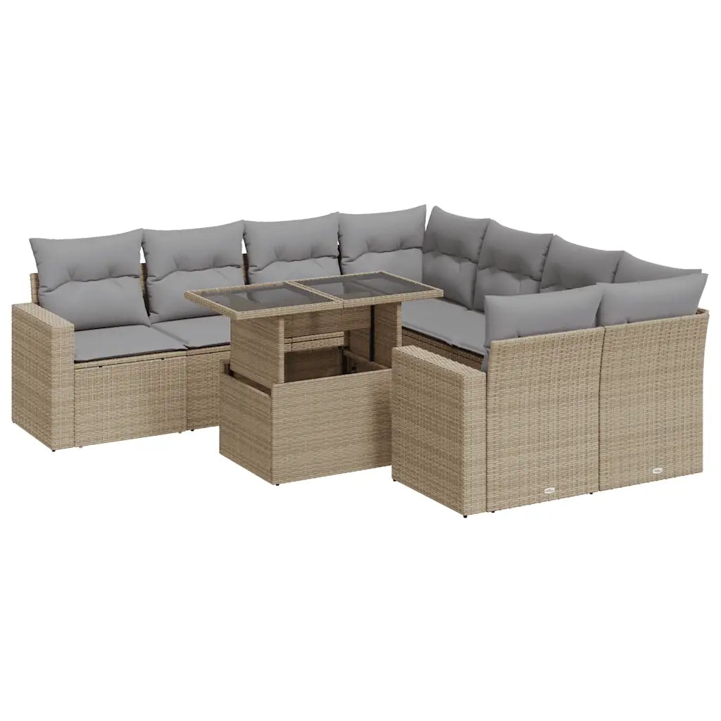 Set Divano da Giardino 9 pz con Cuscini Beige in Polyrattan 3326290