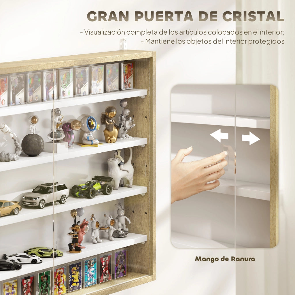 Libreria a Muro con Ripiani Aggiustabili e 2 Ante Scorrevoli in Vetro ¨C Minimal ¨C 80x9.5x60 cm Bianco e Naturale