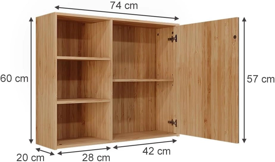 Specchio contenitore bagno Lucie, Bambù, 74 x 60 cm con 3 scomparti aperti, adatto per la conservazione salvaspazio di accessori da bagno