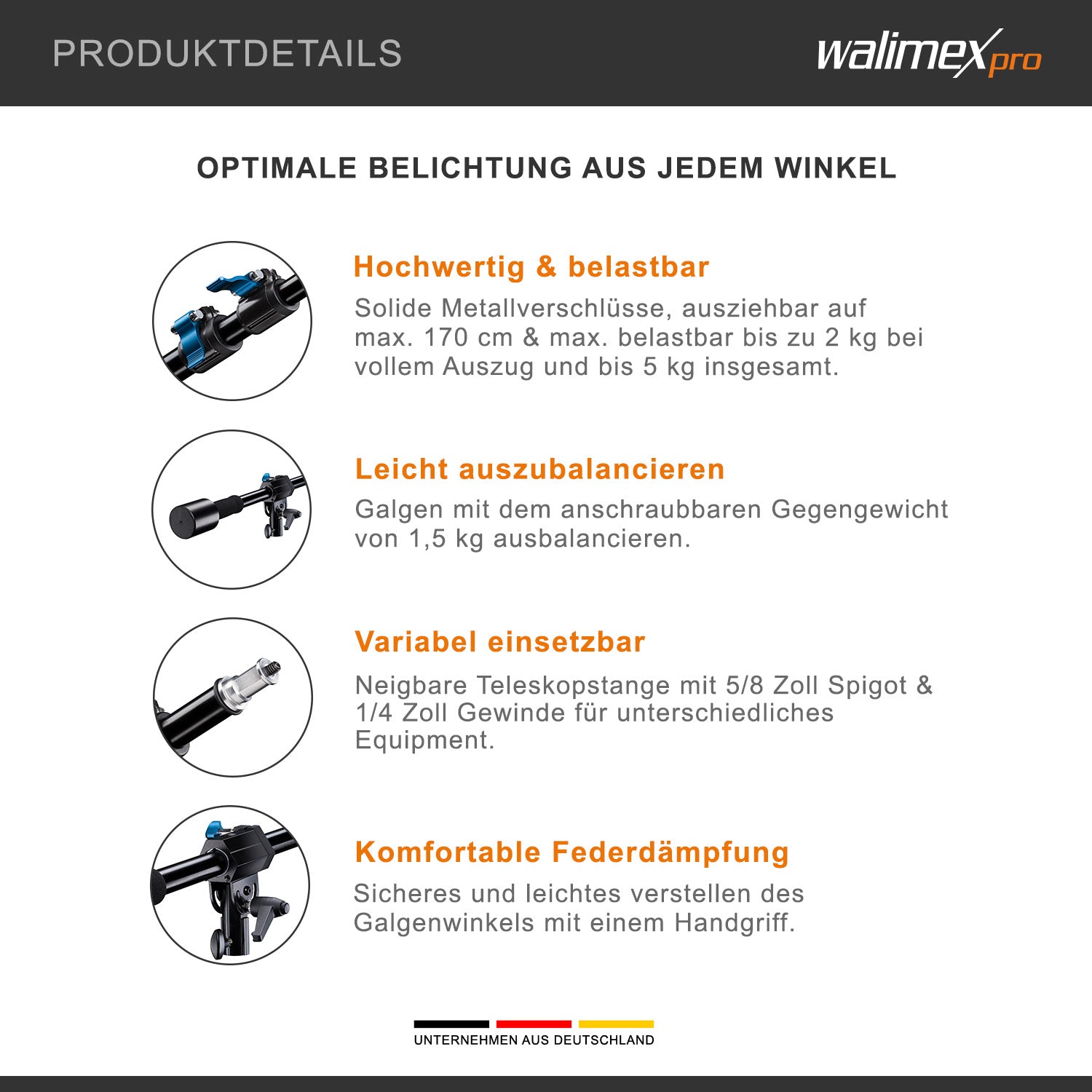 Braccio per treppiedi per luci estensibile da 70 a 183 cm, asta inclinabile e caricabile fino a 5 kg, attacco da 5/8", ideale per softbox, riflettori, ombrelli o microfoni