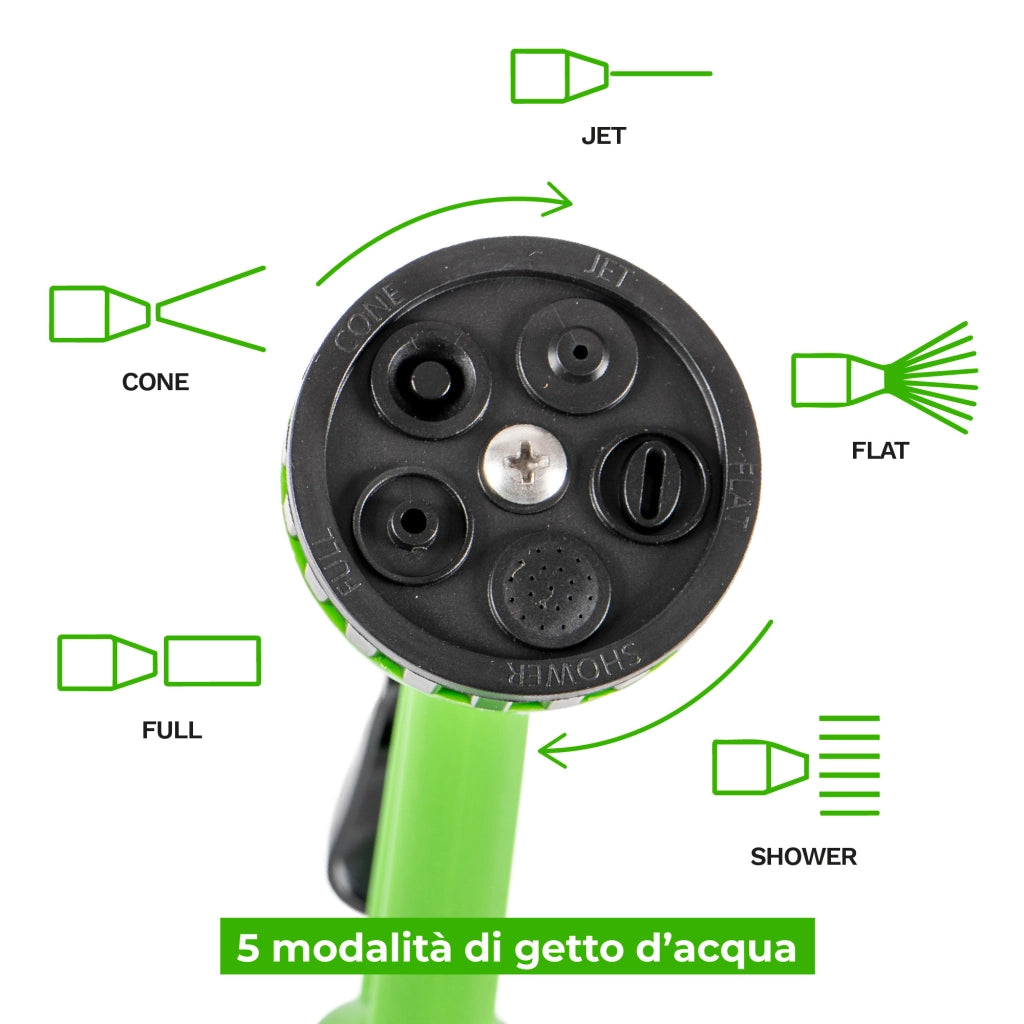 Tubo Irrigazione Spiralato con Pistola Multifunzione 7,5 / 10 / 15 m Estensibile da Giardino con Raccordi Rapidi 7.5 Metri