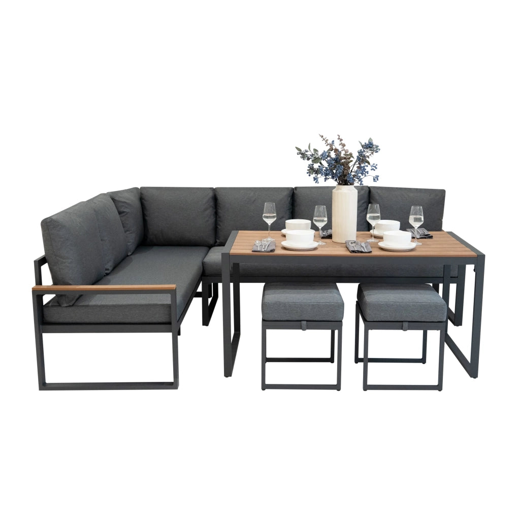 Set Mobili da Esterno in Alluminio Divano Angolare Tavolino Sgabelli Effetto Legno