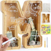 Spaarpot personalizzato per bambini - Transparante scatola di risparmio in legno A-Z - Etichette di obiettivo e pennarelli - Decorazione per il battesimo (M)