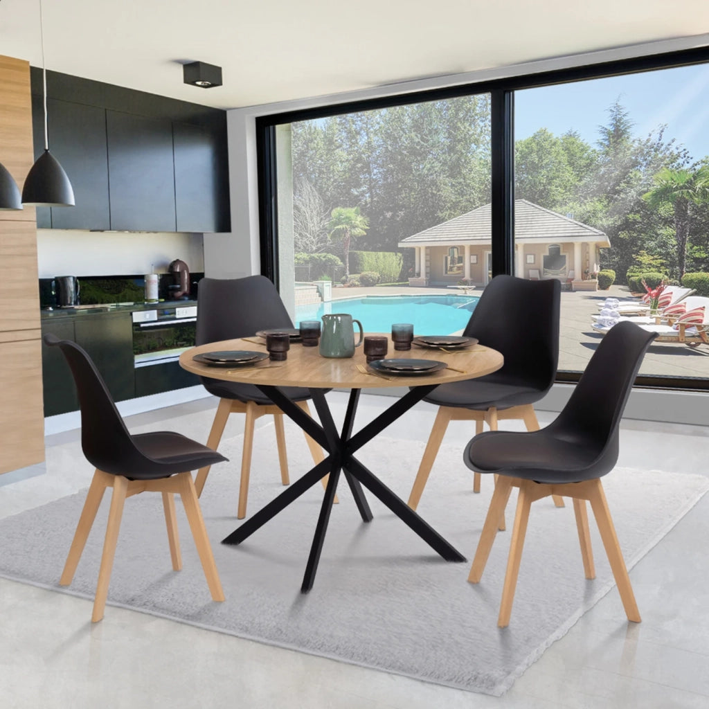 IDMarket - Tavolo da pranzo rotondo ALIX, legno e gambe a ragno nere, 4-6 persone, 110 cm