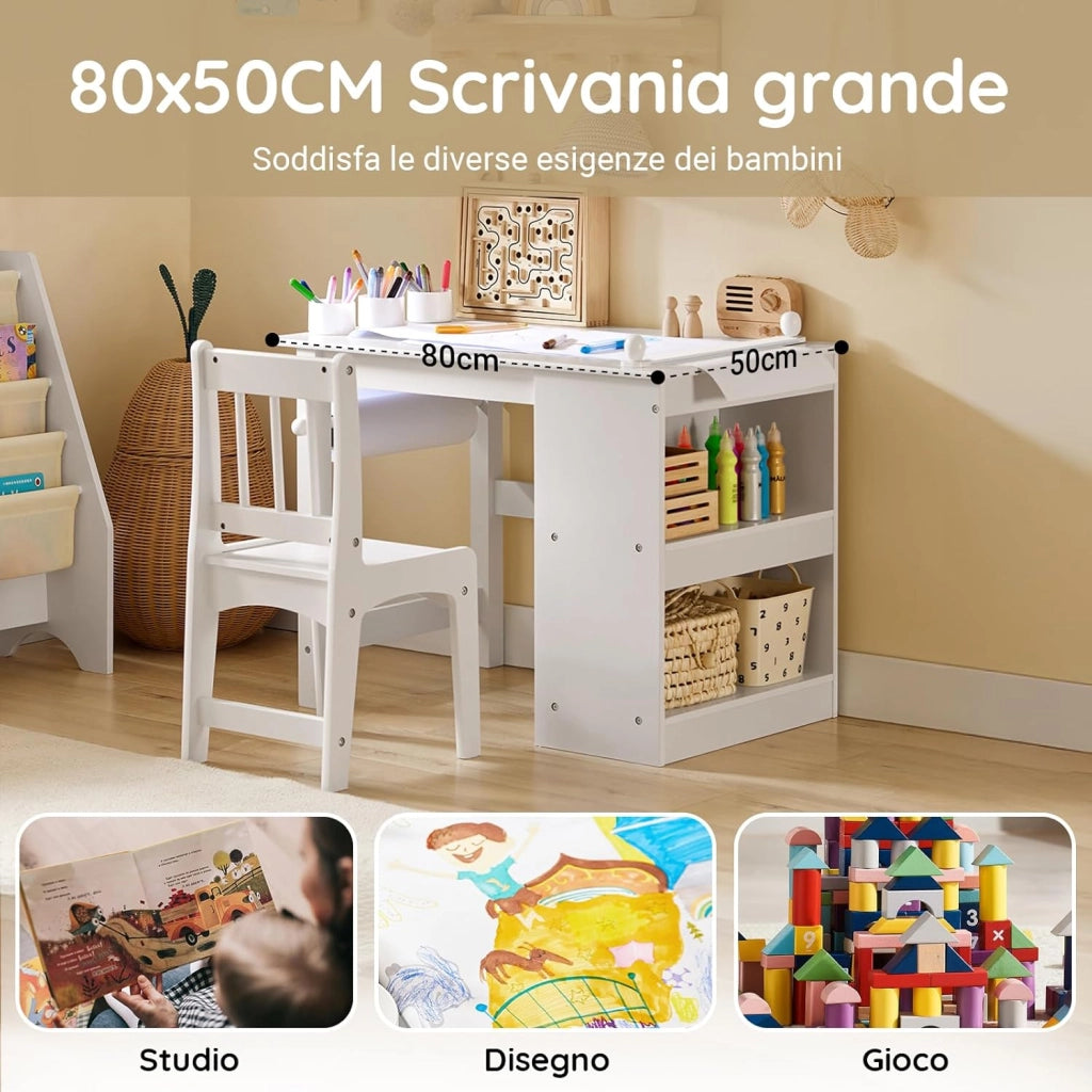 Tavolino Bambini con 1 Sedia, Set Tavolo e Sedie per Bambini Multiattività con 2 Ripiani, Tavolo Disegno e Gioco, Sedia Scrivania Cameretta Bianco 80x54x65,5cm KMB60-W