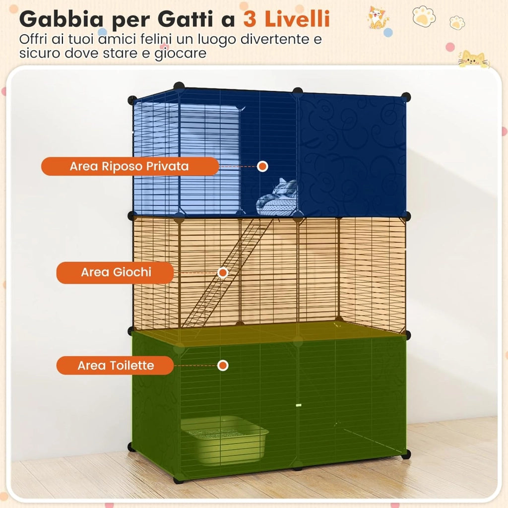 Gabbia Grande per Gatti, Recinzione da Interno per Gattini in Filo Metallico a 3 Livelli, Recinto per Esterno Smontabile con 2 Rampe, per Furetti, Conigli, Porcellini d'India