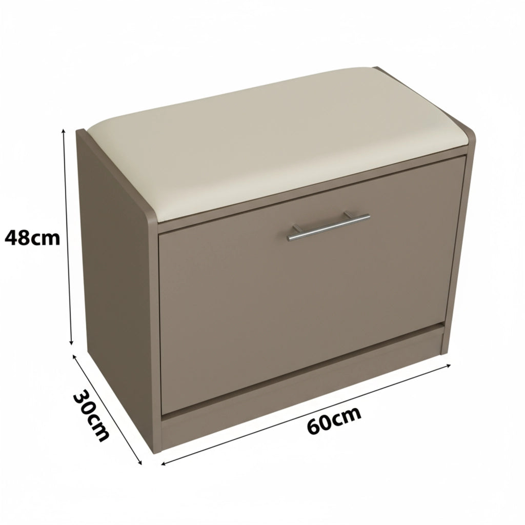 Marvin Scarpiera Panca da Ingresso Portascarpe Salvaspazio in Legno Seduta con Cuscino Anta a Ri Tortora / Cuscino Beige