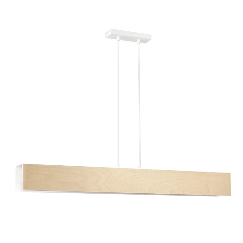 Lampadario 4 Luci Merlino In Acciaio Bianco Corpo Rettangolare E Legno Naturale