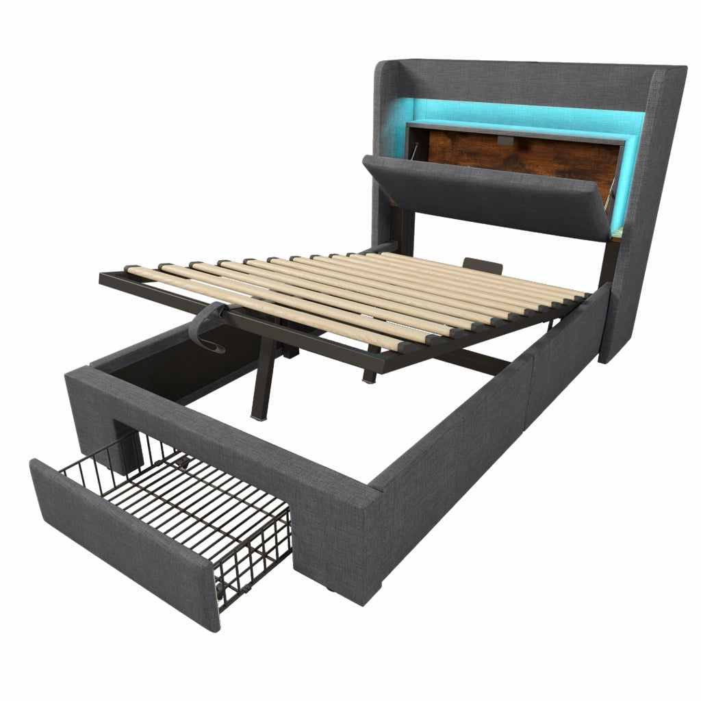 Letto imbottito 90x200 cm con contenitore idraulico, testiera con vani e ricarica USB/USB-C, LED e materasso incluso, grigio