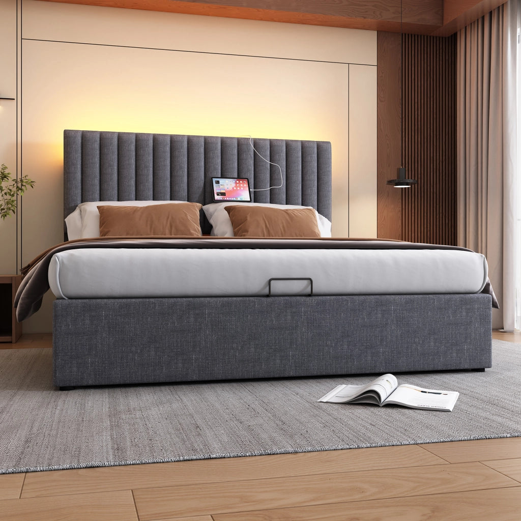 Letti contenitori 160x200 cm con contenitore e LED; lino; grigio (Senza materasso)