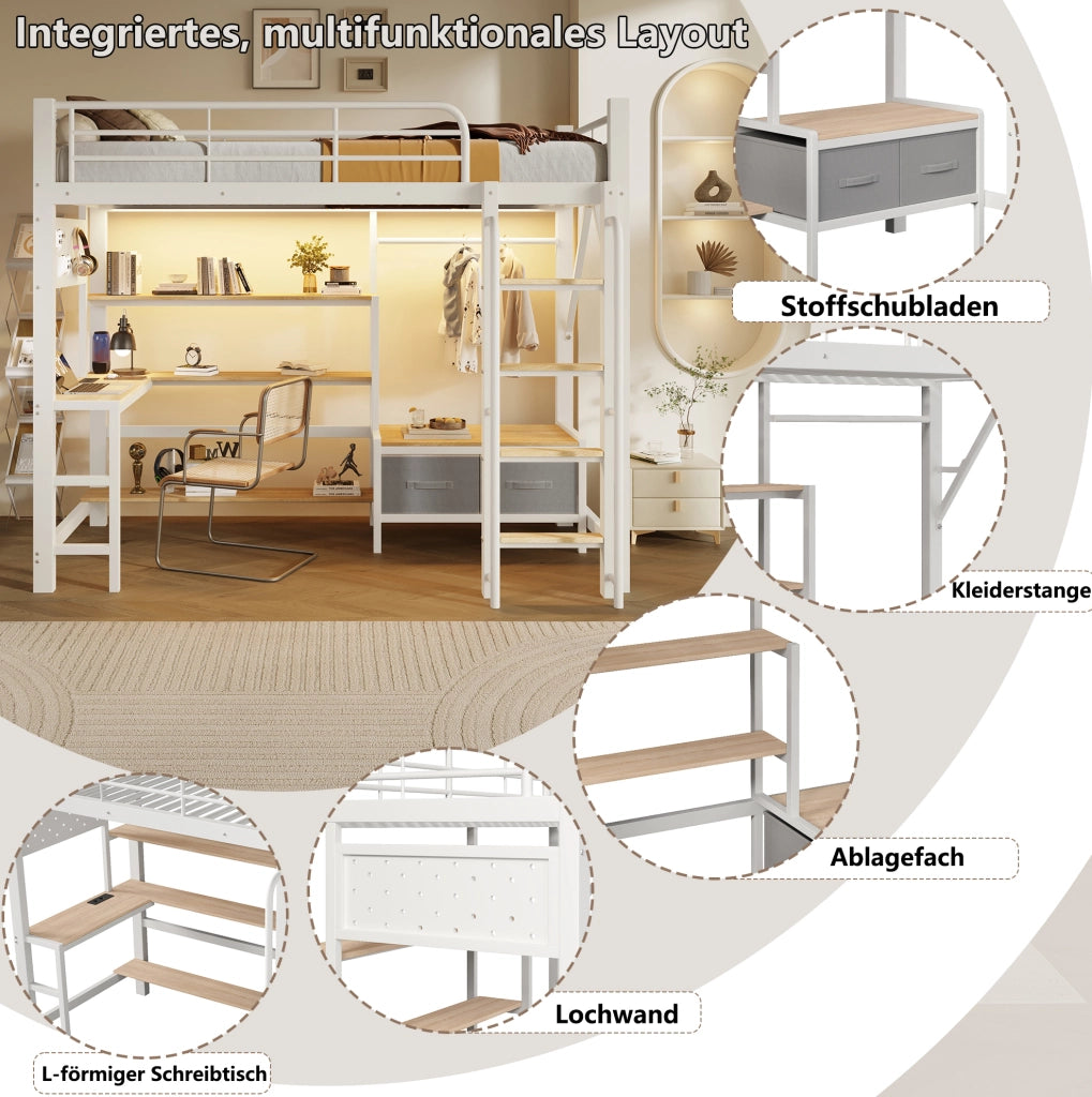 Letto a soppalco 90x200 cm bianco con scrivania, LED e USB