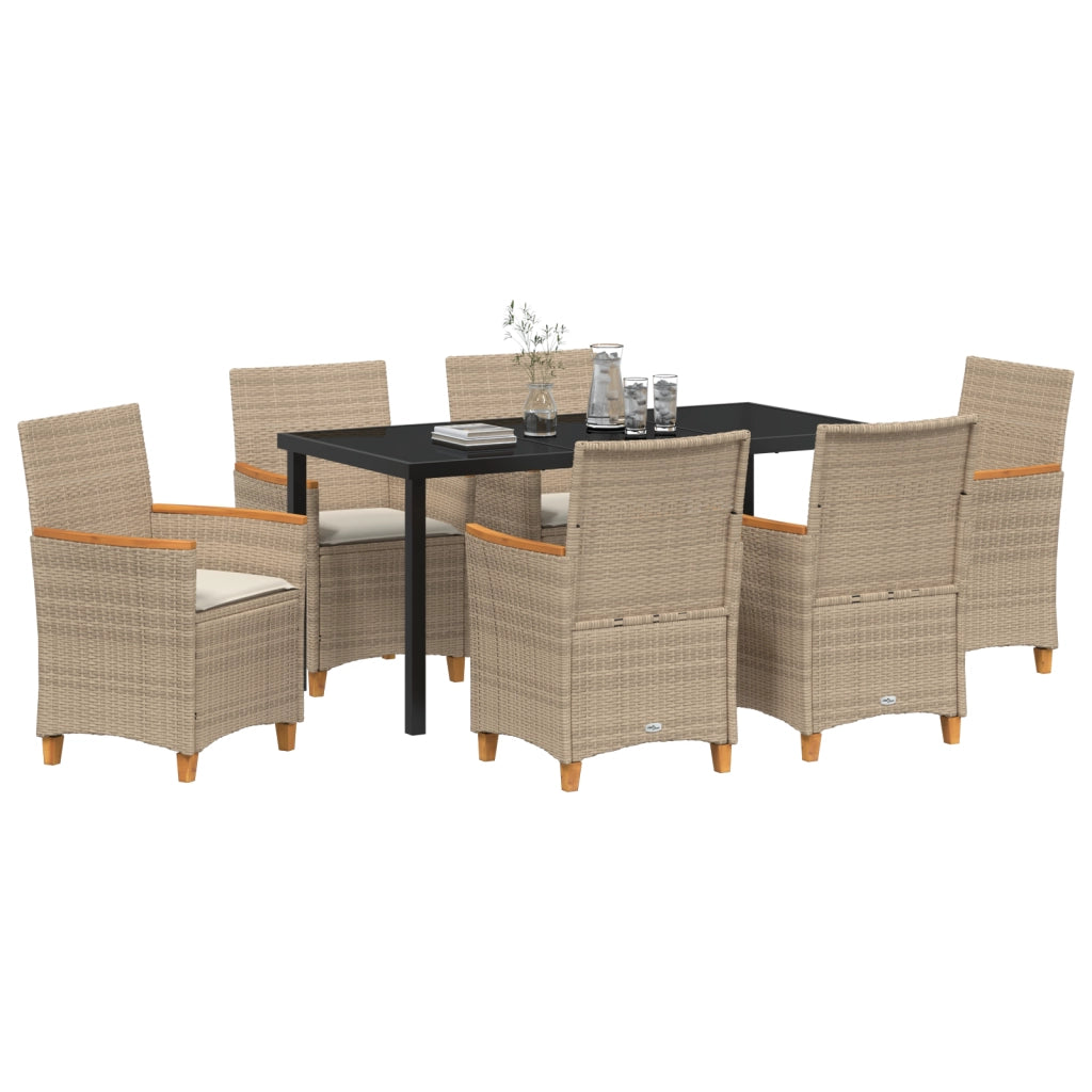 Set da Pranzo da Giardino 7 Pezzi con Cuscini Beige Polyrattan