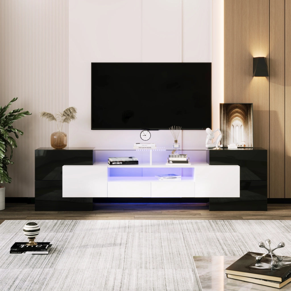 Mobile TV 200x35x60 cm; con LED e ampio spazio; truciolato e MDF; nero e bianco
