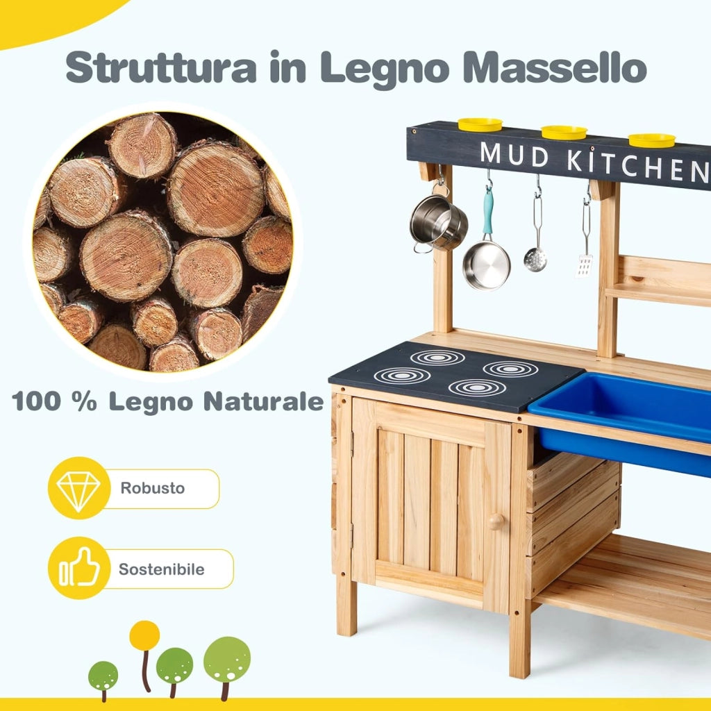 Cucina Giocattolo per Bambini, Cucina in Legno da Esterno con Lavello Removibile, Fornello, Pentole e Ripiani, Cucinetta Giocattolo Interattiva con Accessori per Bambini 3-8 Anni, Naturale