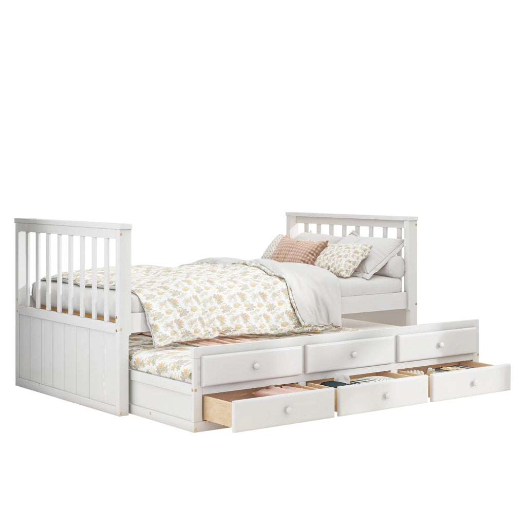 Letto singolo con estrazione e tre cassetti in pino bianco 90x200 cm