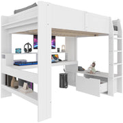 LETTO a soppalco 140x200 cm con scrivania e LED, legno di pino e MDF, bianco
