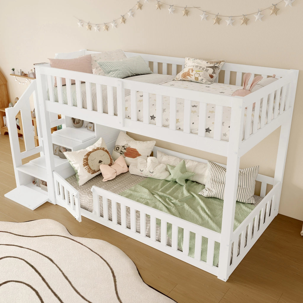 Letto a castello 90 × 200 cm con scala laterale e vano portaoggetti, senza materasso, in legno, bianco