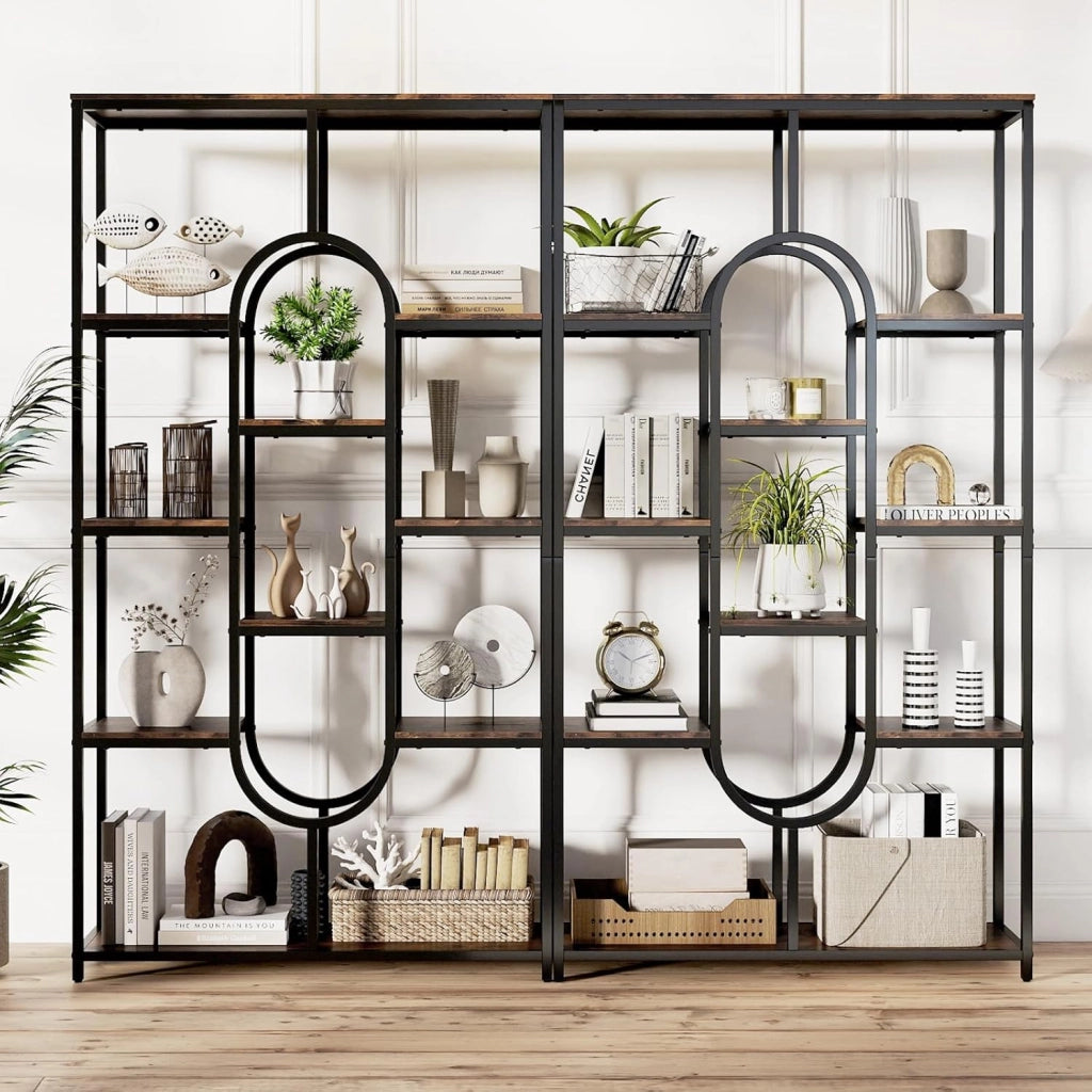 Libreria geometrica per carichi pesanti con telaio in metallo e protezione antiribaltamento, scaffale divisorio per libri, riviste e piante, 95 x 30 x 175 cm (marrone + nero)