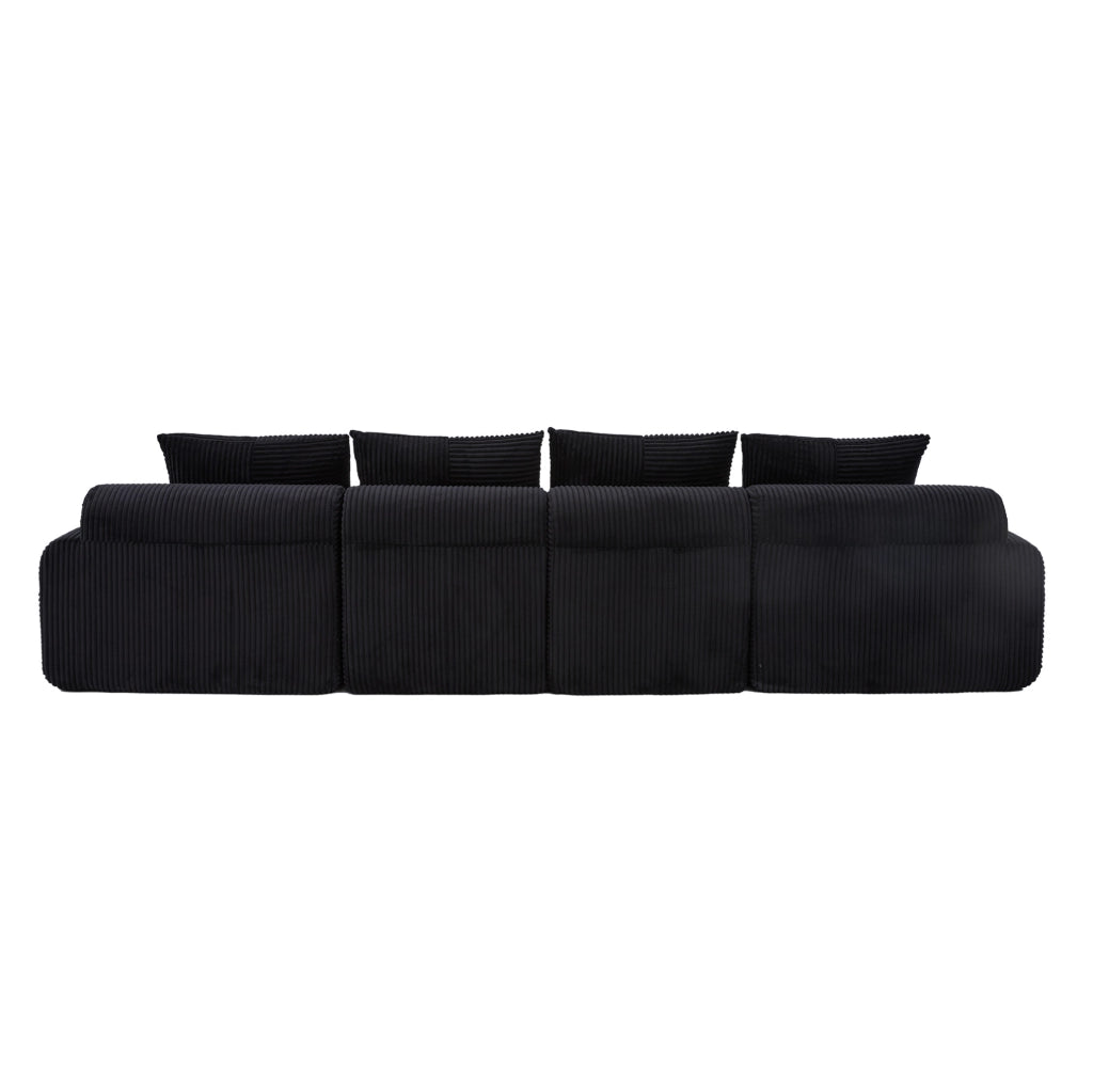 Divano modulare 4 posti in corduroy nero; con portabicchiere e tasca laterale; 333 x 174 x 80 cm