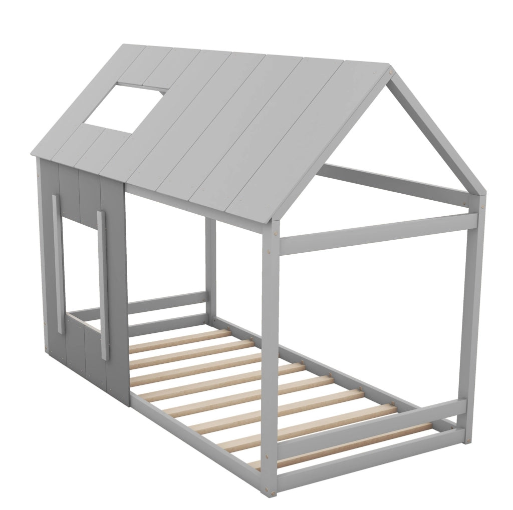 Letto per bambini a forma di casa 90x200 cm in legno di pino e MDF grigio scuro e chiaro