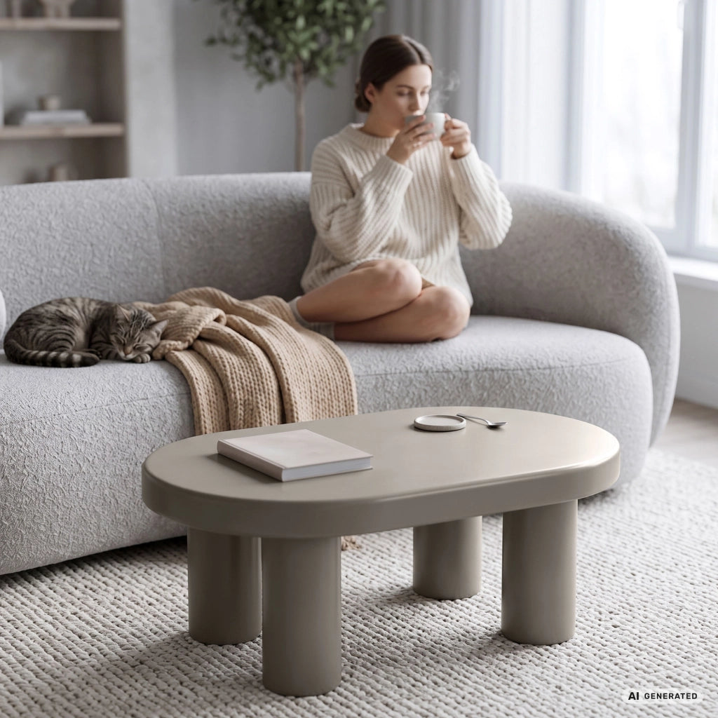 Tavolino da salotto ovale MATE 85 cm grigio con quattro gambe cilindriche