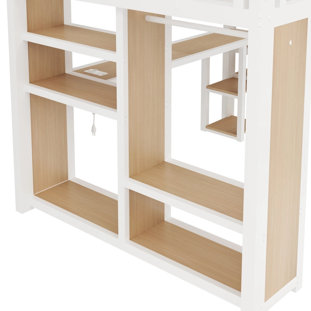 DESMIU Lit mezzanine 160 × 200 cm 2 posti con scrivania, vani, LED e scala, senza materasso, in metallo, bianco