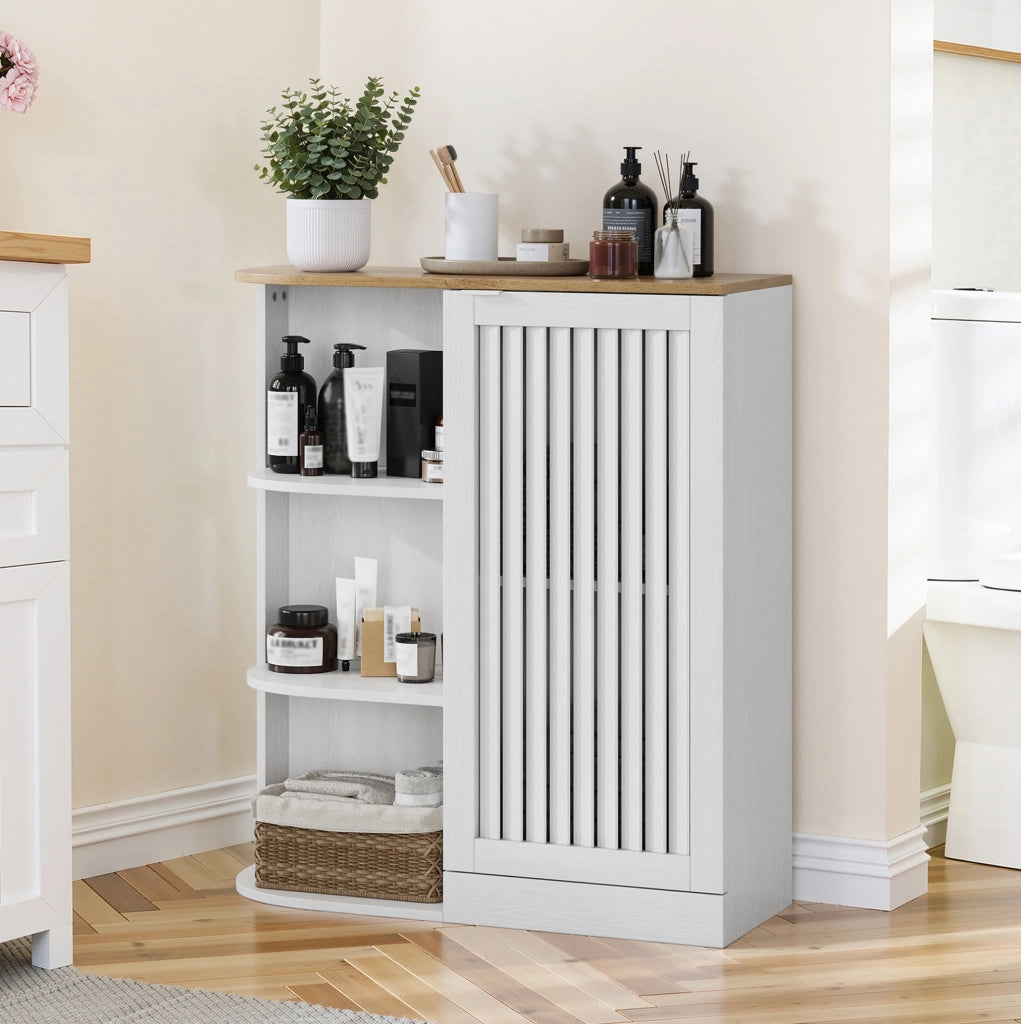 Mobile angolare salvaspazio con ripiani aperti e vani chiusi, bianco effetto rovere, in MDF