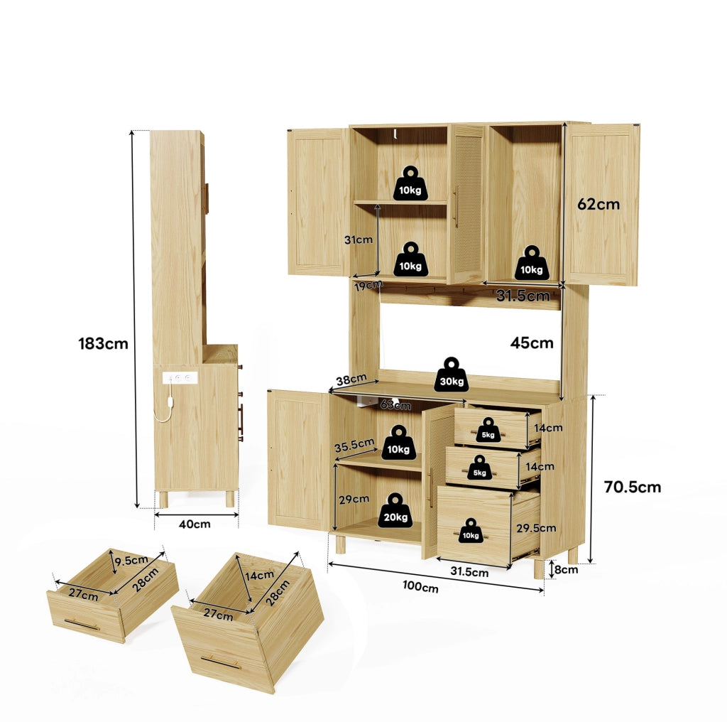 Credenza da cucina con LED multicolore; prese e USB; 3 cassetti in MDF; naturale