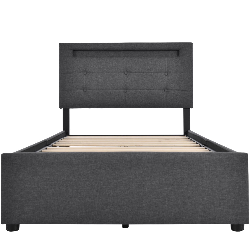 Letto singolo imbottito 90x200 cm con LED e 2 cassetti
